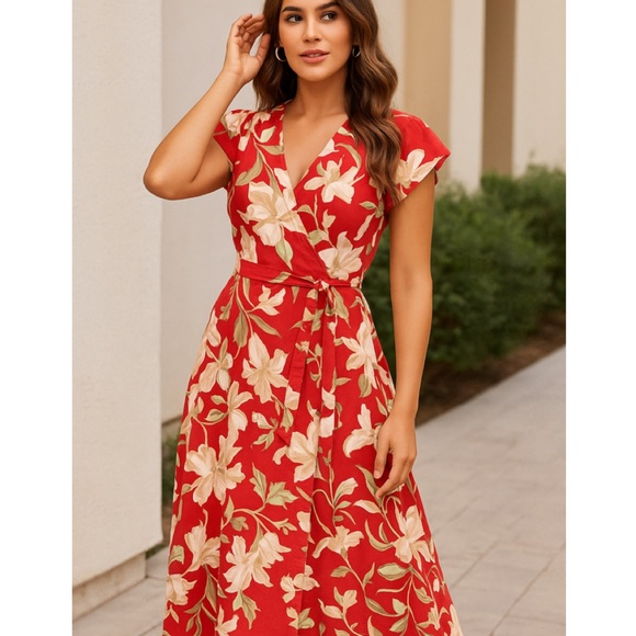 Lulus Coral Tropical Floral Short Sleeve Wrap Maxi Dress M - Picture 3 of 12